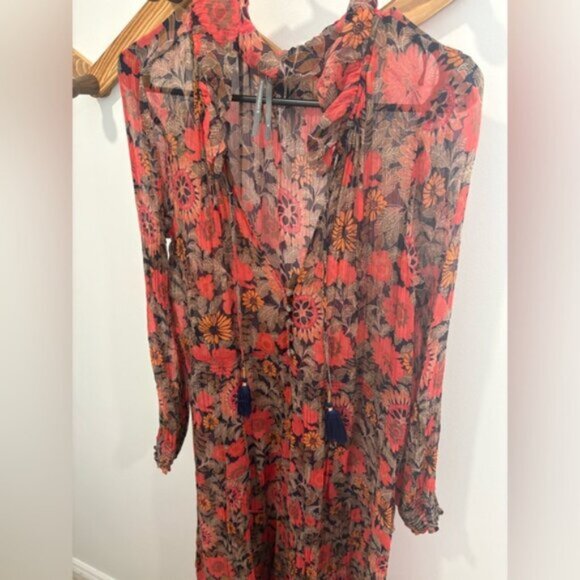 Anthropologie The Marais Printed Chiffon Maxi Dress- Red Motif Floral - Picture 9 of 16